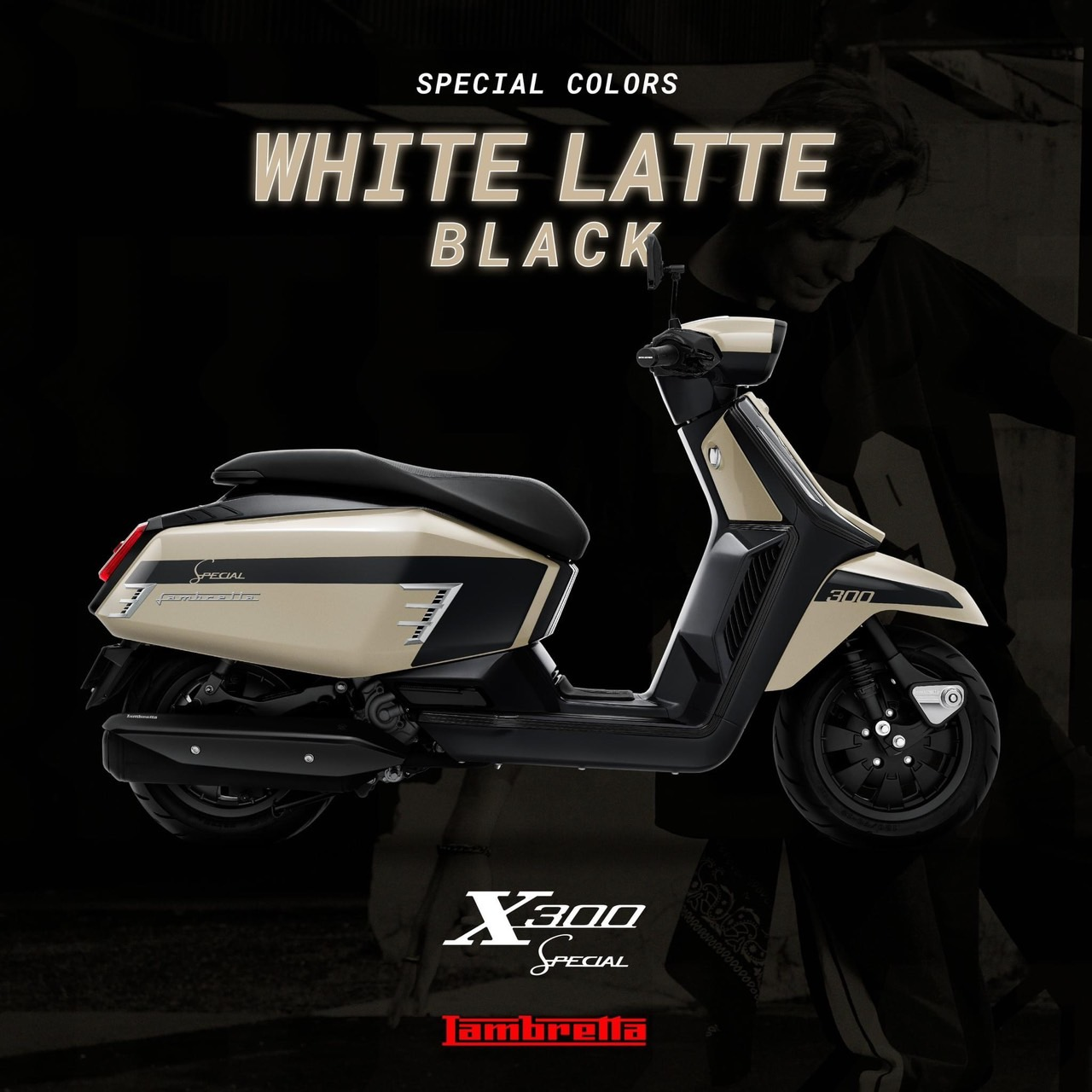 New Lambretta x300 Special White Latte/Black สีลาเต้ตัดกับสีดำ , ขอบคิ้วสีดำ