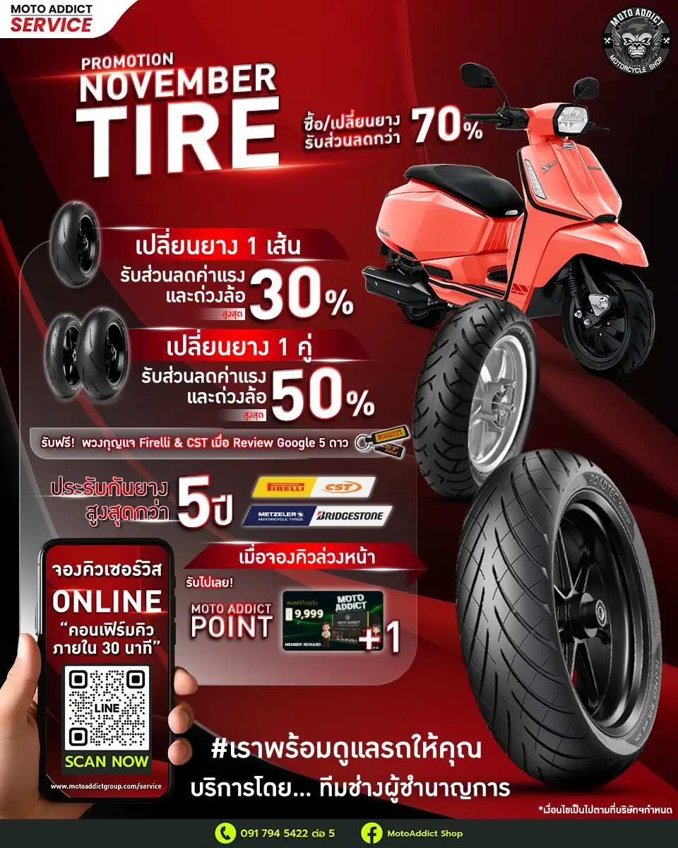 Moto Addict November Tire Promotion โปรยางแรงส่งท้ายปี! เปลี่ยนยางวันนี้ ลดแรงสูงสุดกว่า 70%