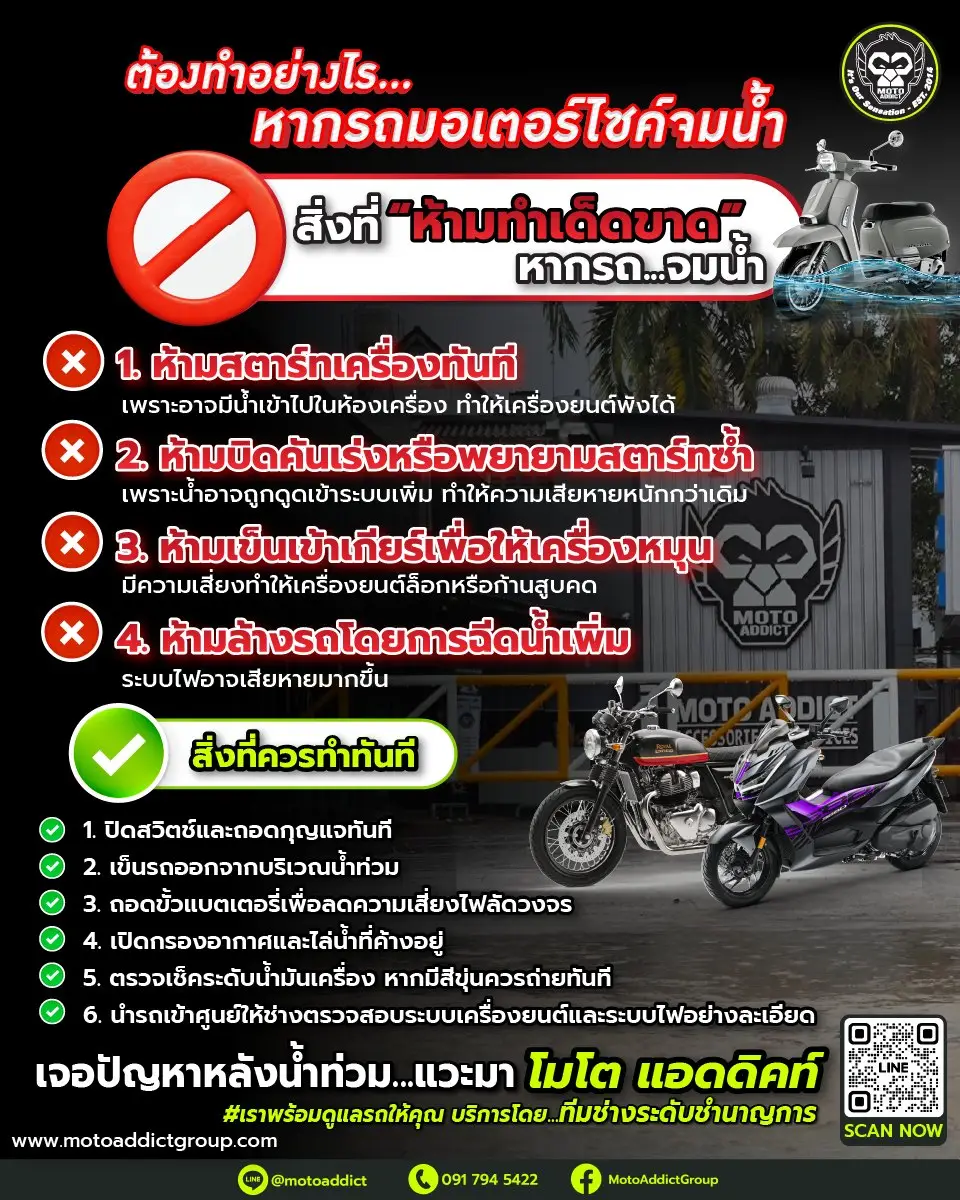 ต้องทำอย่างไร เมื่อ “มอเตอร์ไซค์จมน้ำ” รวมเช็กลิสต์ห้ามทำ – ควรทำ