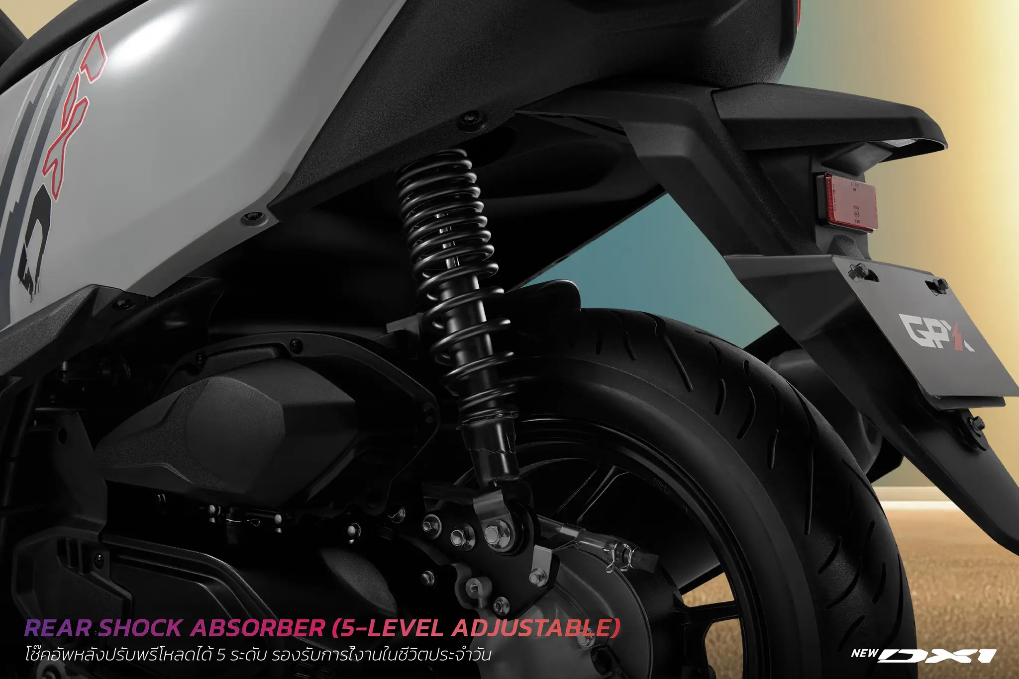 REAR SHOCK ABSORBER (5-LEVEL ADJUSTABLE) โช้คอัพหลังปรับพรีโหลดได้ 5 ระดับ รองรับการใช้งานในชีวิตประจำวัน ปรับได้ตามสไตล์การขับขี่